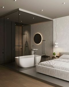 حمام شیشه ای مدرن در اتاق خواب